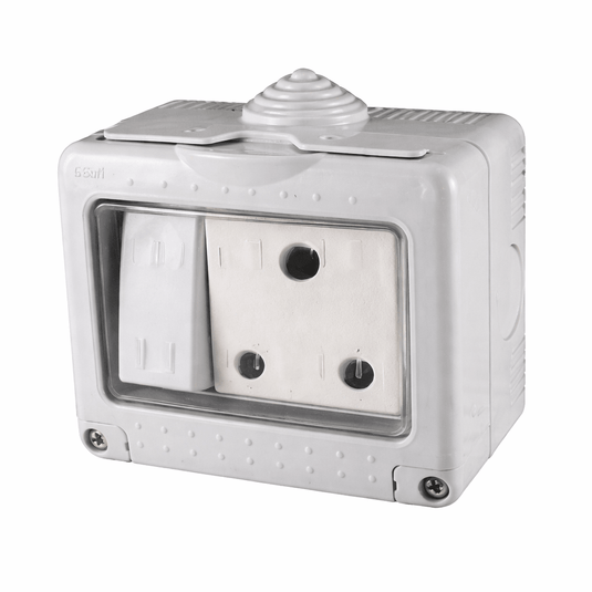 White weatherproof outdoor plug socket with clear protective cover, switch, and three-pin outlet.