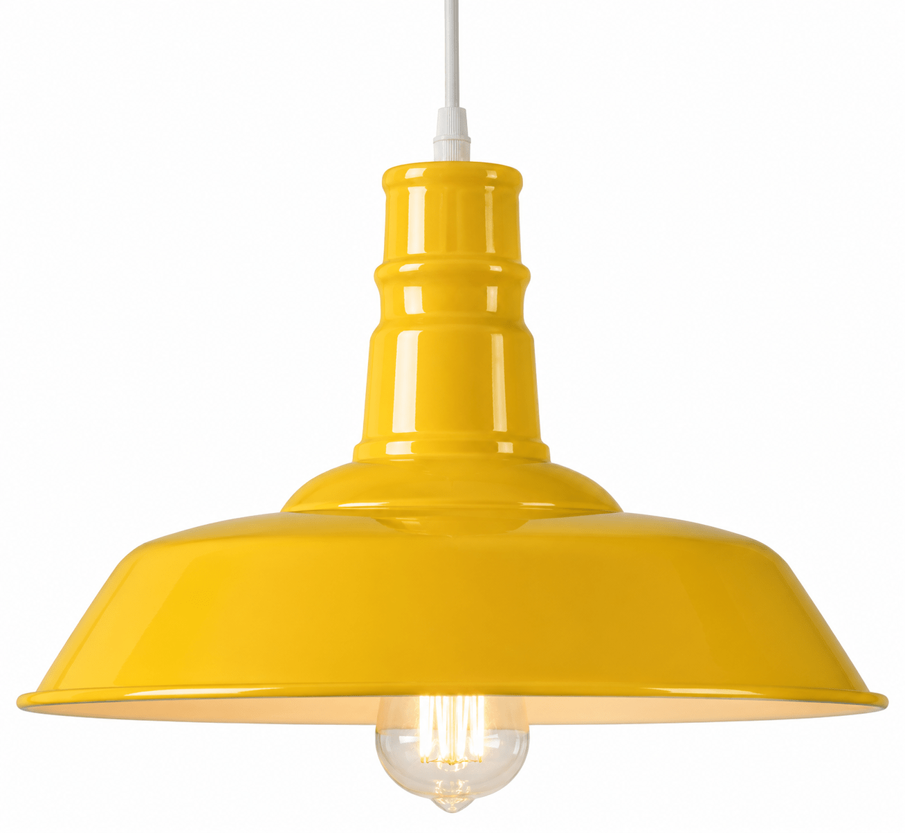 Yellow traditional LED pendant light showcasing a glossy finish and E27 bulb fitting.