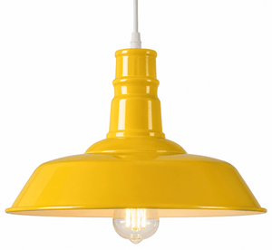 Yellow traditional LED pendant light showcasing a glossy finish and E27 bulb fitting.
