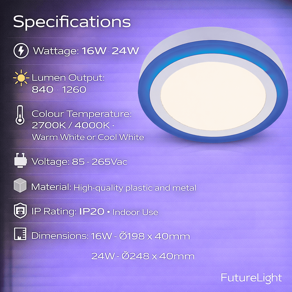 LED Ceiling Light - 16W & 24W - Warm / Cool & Blue