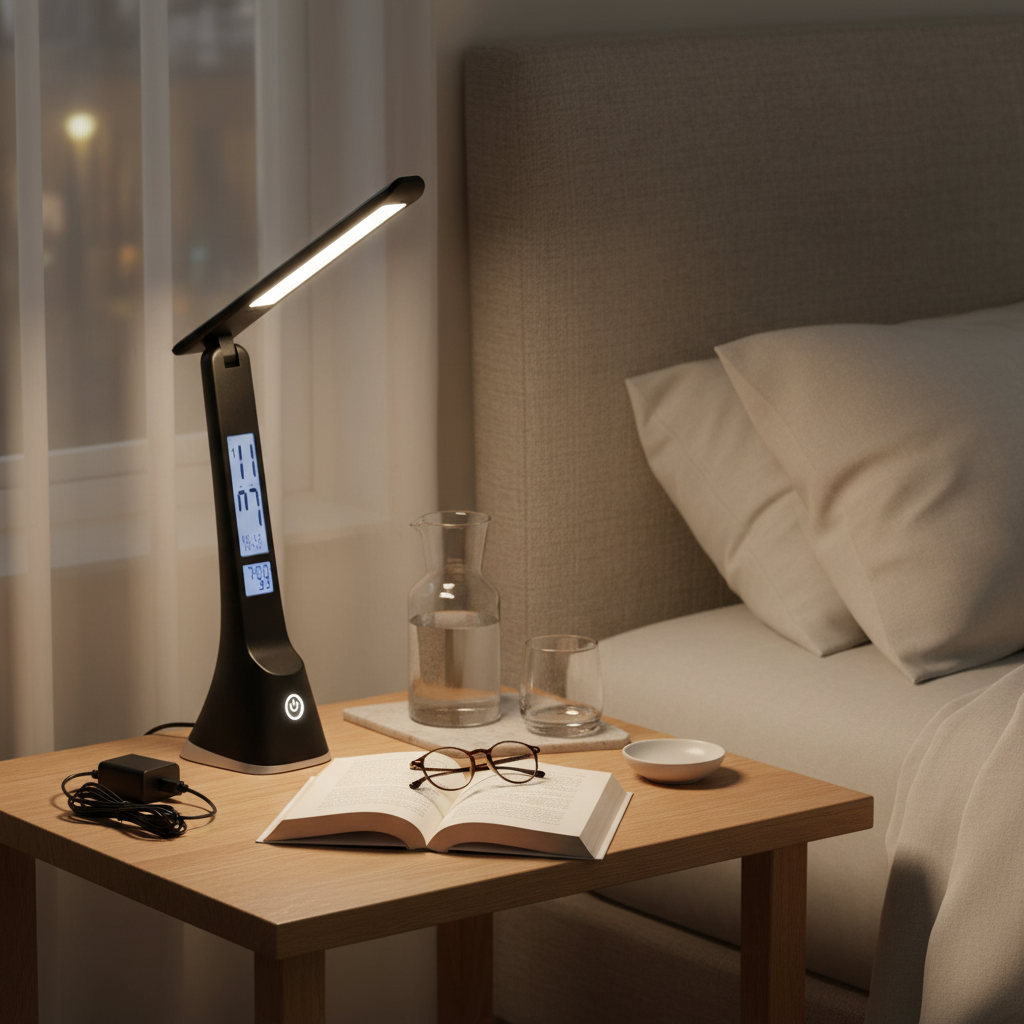 A black rechargeable desk lamp with a digital display on a bedside table, illuminating an open book.