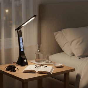 A black rechargeable desk lamp with a digital display on a bedside table, illuminating an open book.