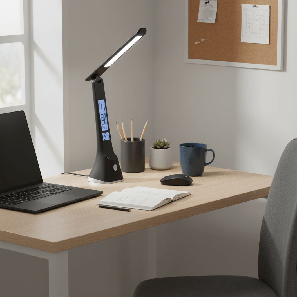Black rechargeable desk lamp with alarm and time display on a wooden desk next to a laptop and stationery.
