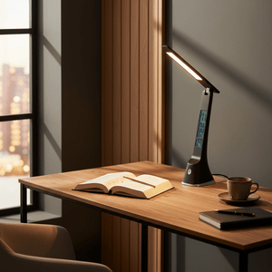 Black rechargeable desk lamp with alarm and time display on a wooden desk beside an open book and coffee cup.