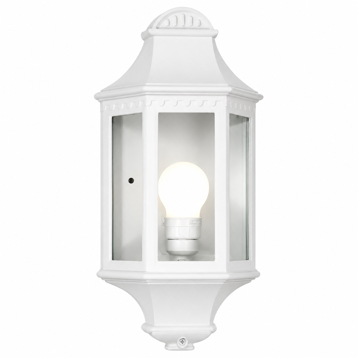 White outdoor wall light fixture with a visible bulb on a white background