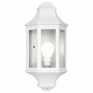 White outdoor wall light fixture with a visible bulb on a white background
