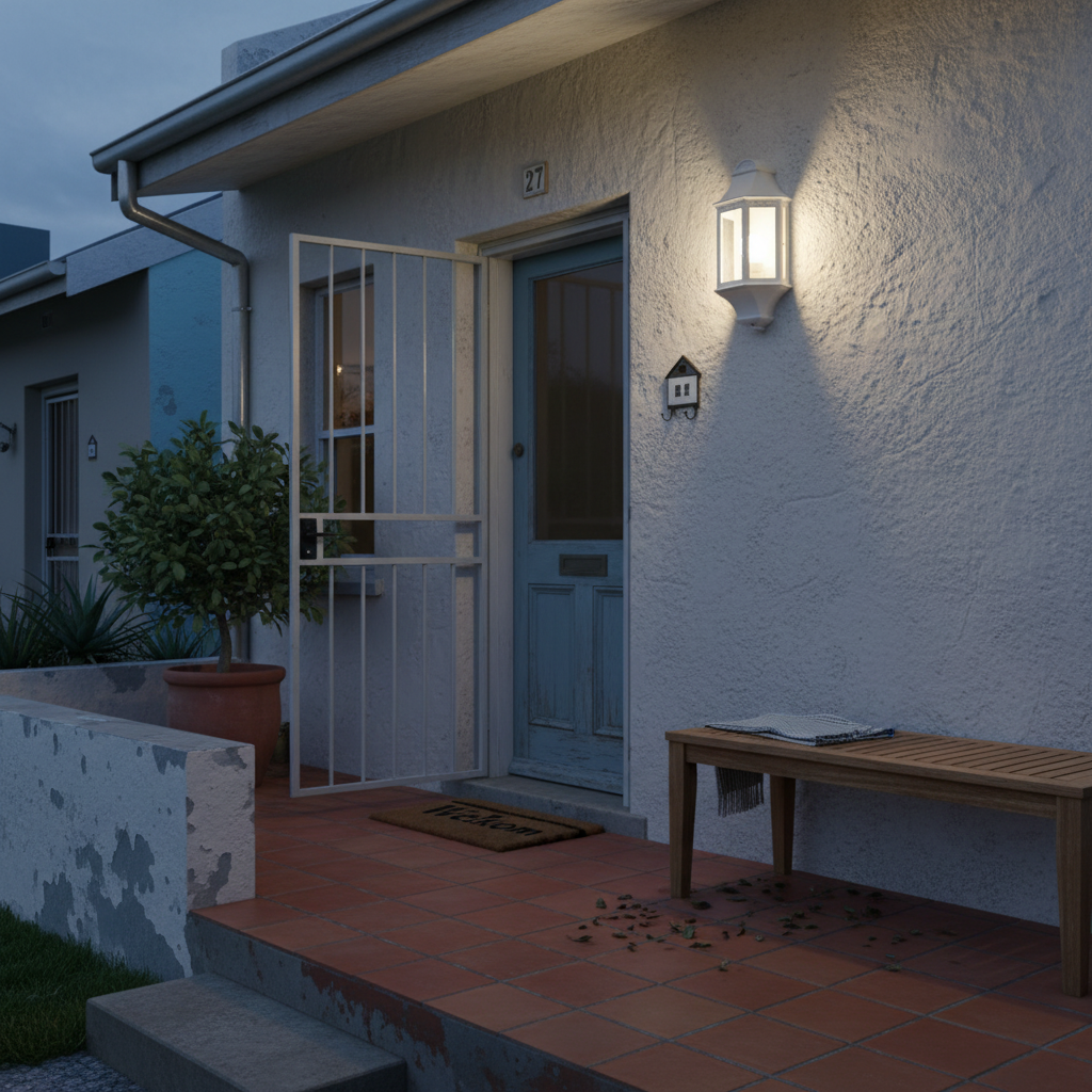 White 3-panel half lantern wall light lit beside a blue front door on a textured exterior wall at dusk.