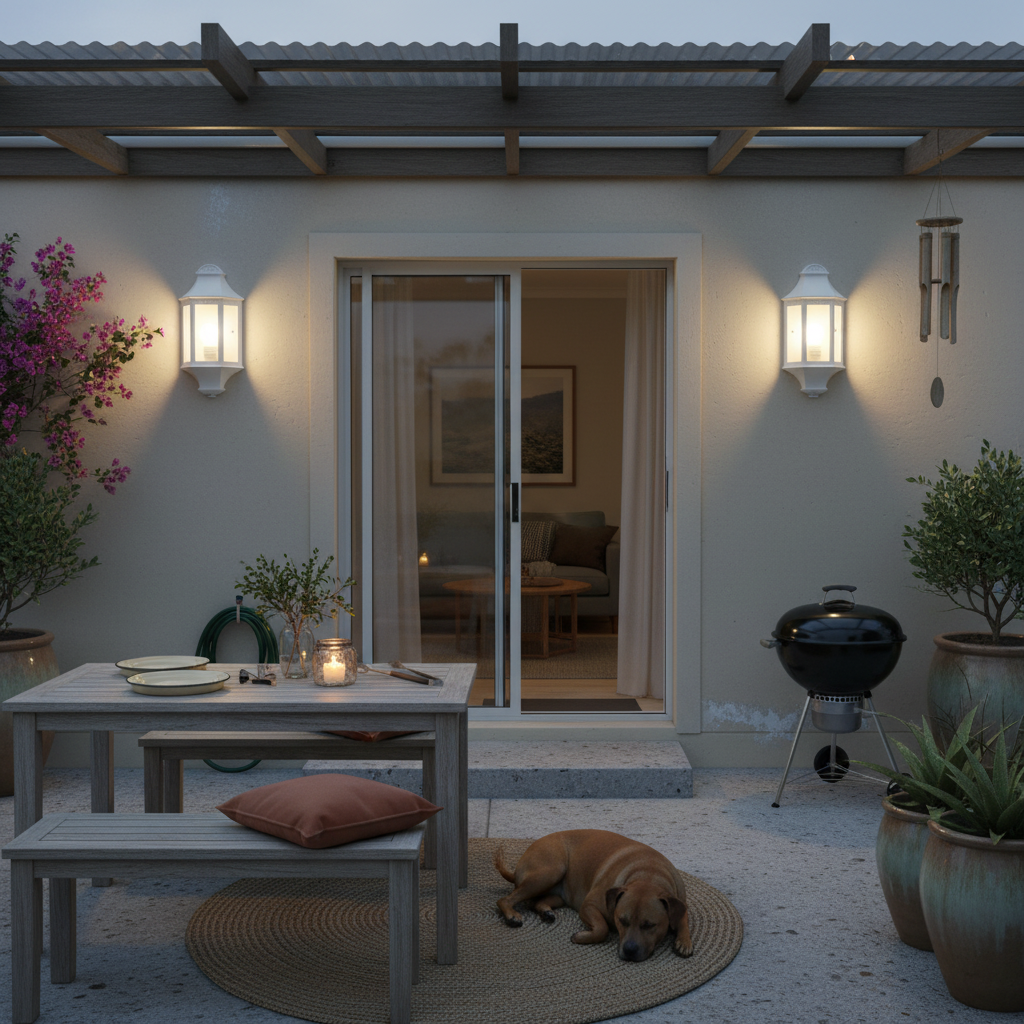 Two white half-lantern wall lights glowing beside a patio sliding door.