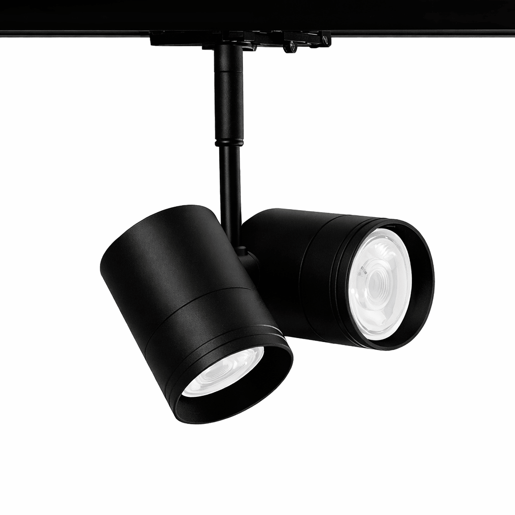 Black track lights on a white background