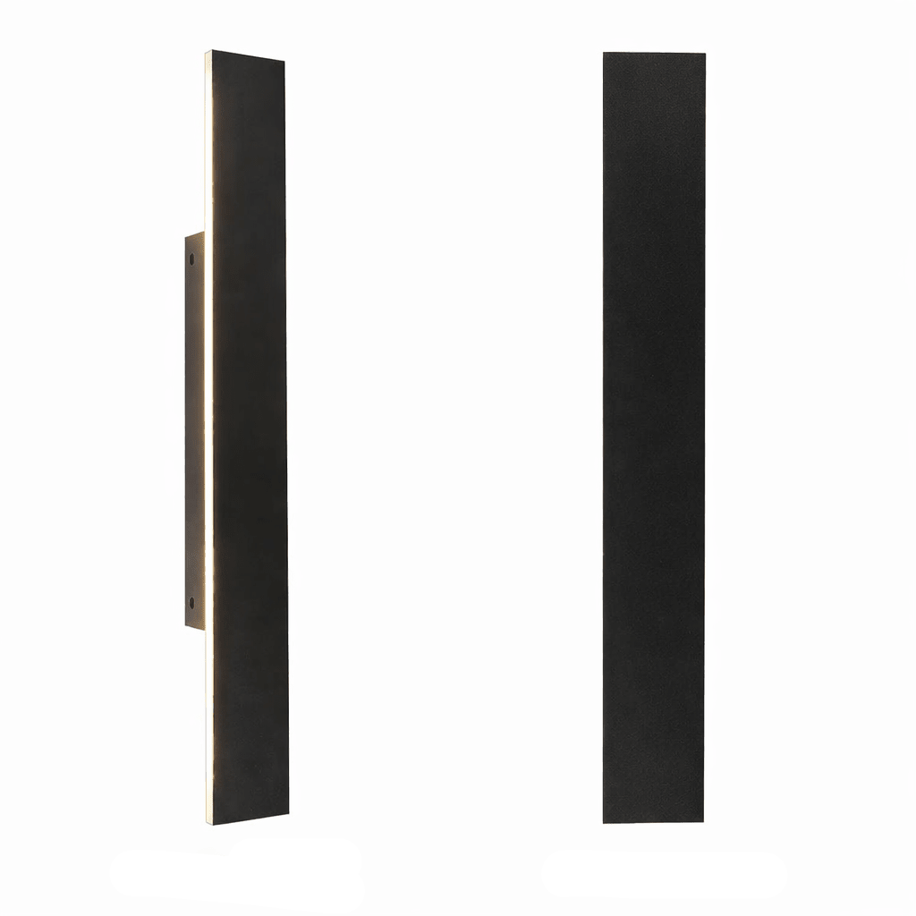 Two views of a black rectangular outdoor white light