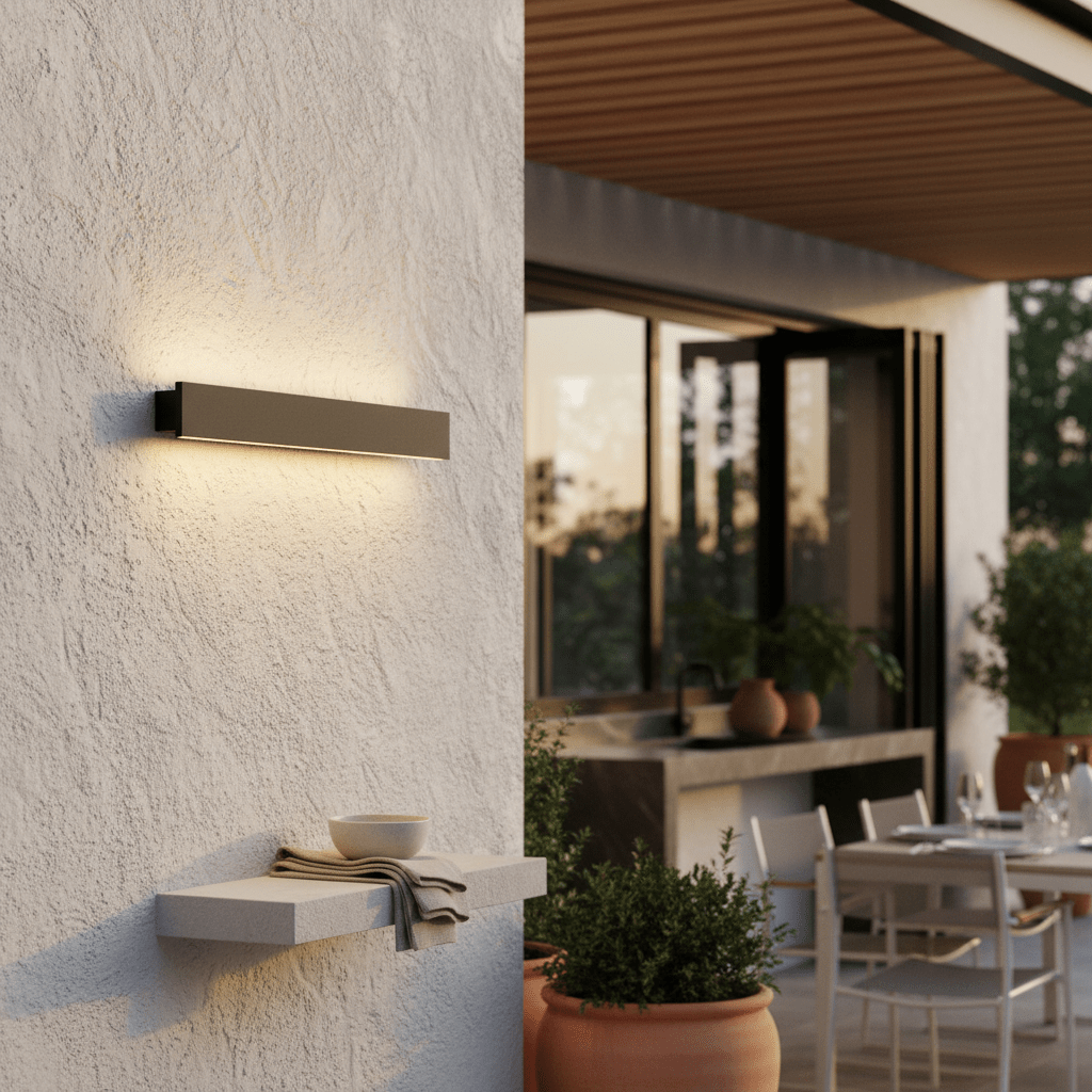 Linear wall light on a textured wall, casting warm light, with a small shelf holding a bowl and towel, patio behind