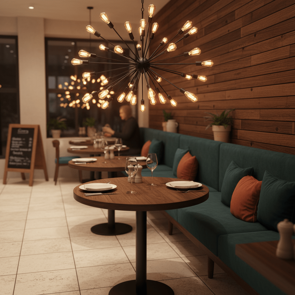 Supernova 40 Black Pendant Light hanging over a dining table in a stylish restaurant setting.