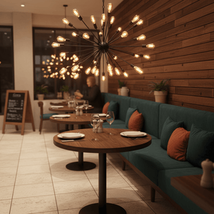 Supernova 40 Black Pendant Light hanging over a dining table in a stylish restaurant setting.
