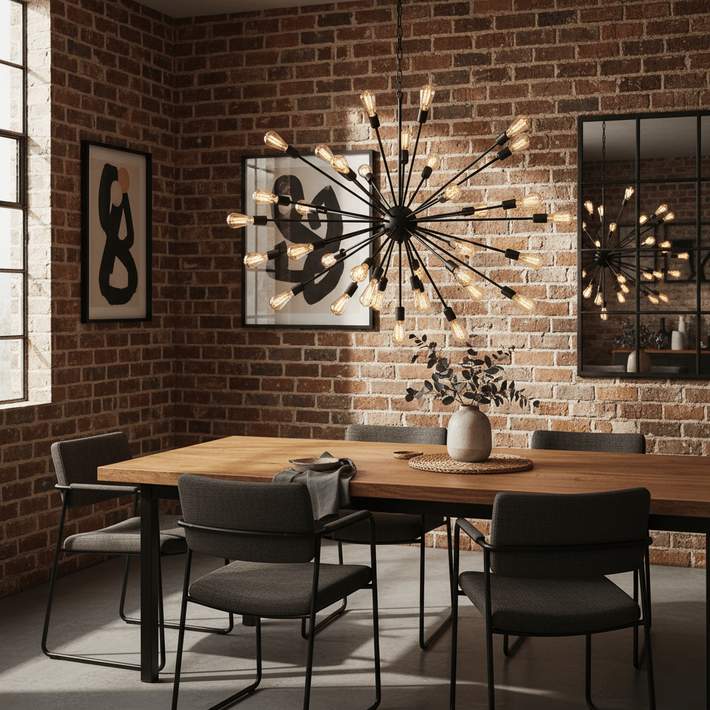 Supernova 40 Black Pendant Light hanging over a wooden dining table in a modern industrial setting.