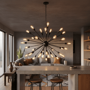 Supernova 40 Black Pendant Light hanging above a concrete kitchen island with wooden stools, showcasing its modern design.