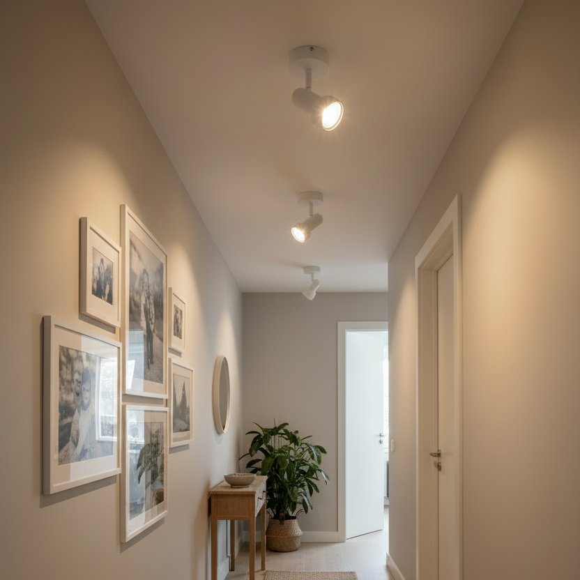 A modern hallway featuring a white spotlight illuminating framed photos on the wall, with a plant and mirror visible.