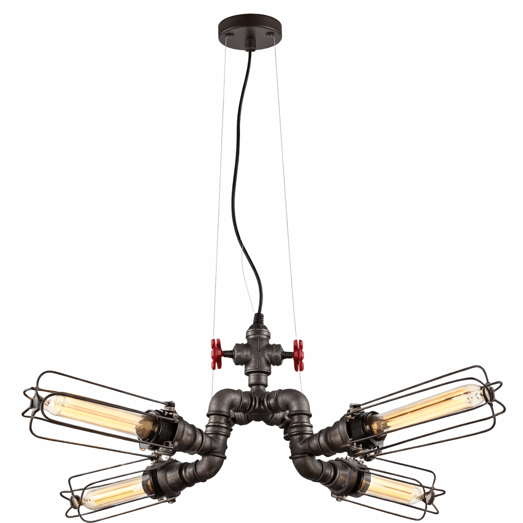 Industrial-style pendant light with pipes and bulbs on a white background