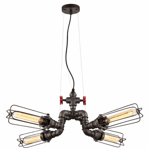 Industrial-style pendant light with pipes and bulbs on a white background