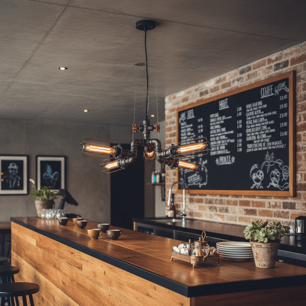 Industrial 4-light pendant hanging over a wooden bar with a chalkboard menu in the background.