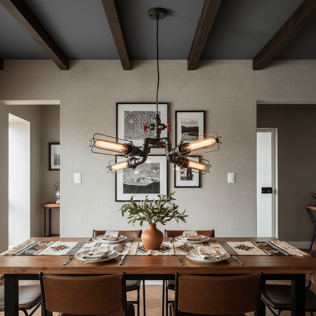 Industrial-style LED pendant light with four bulbs hanging over a wooden dining table set with plates and a vase.