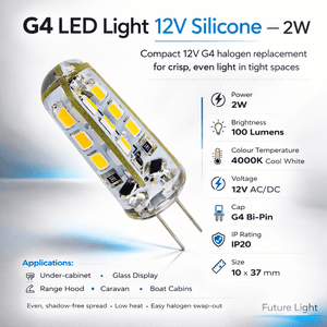 Close-up of a G4 LED bulb showcasing its compact design and technical specifications.
