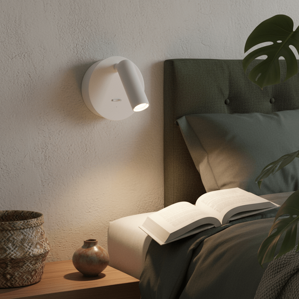 Rechargeable LED bedside wall light mounted beside a bed, illuminating an open book on a nightstand.