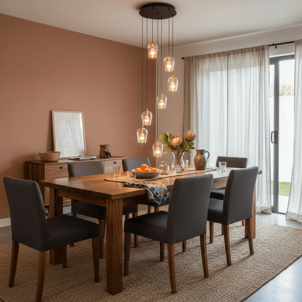 Stylish dining area featuring the Golden Wizard Black & Gold LED Pendant Light above a wooden table with decor.