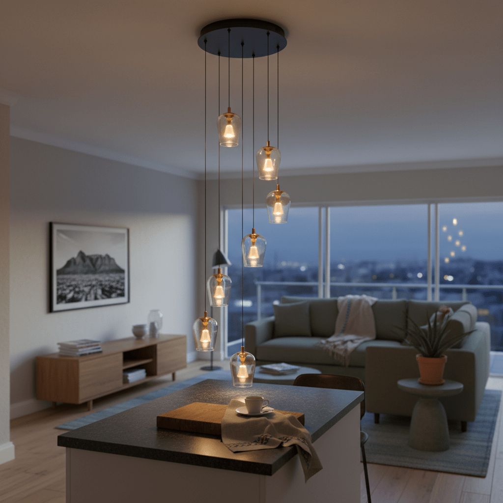 Pendant lights above a Cape Town kitchen island, realistic South African home interior, warm LED task lighting, modern island with timber and stone finishes, 800x800 composition with deep blue and brass accents