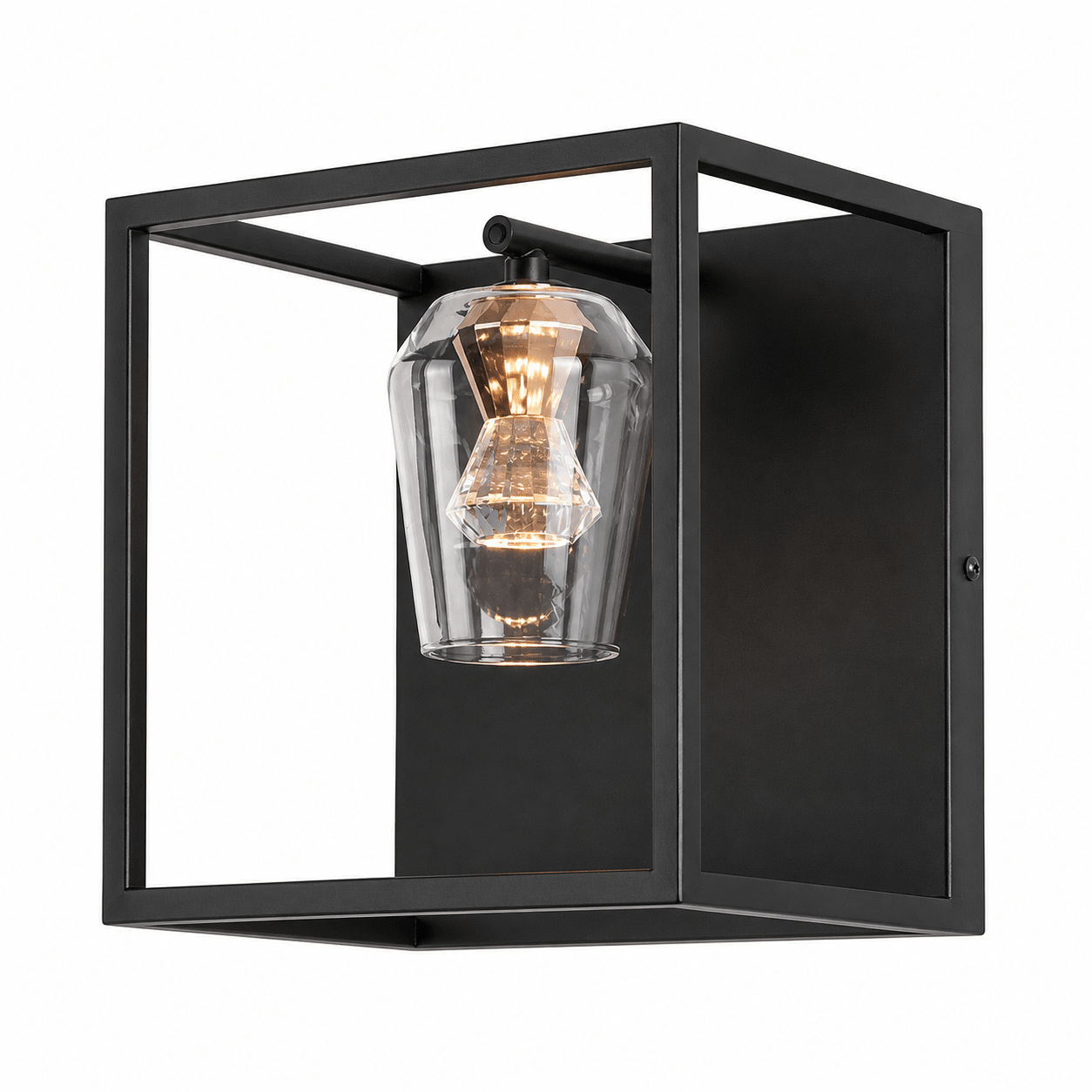 Black wall-mounted light fixture with clear glass shade on a white background