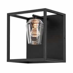 Black wall-mounted light fixture with clear glass shade on a white background