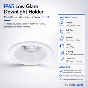 Angled white GU10 downlight holder on a spec infographic showing IP65, aluminium and glass, and room-use icons.