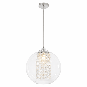 Pendant light with clear glass shade and crystal details on a white background