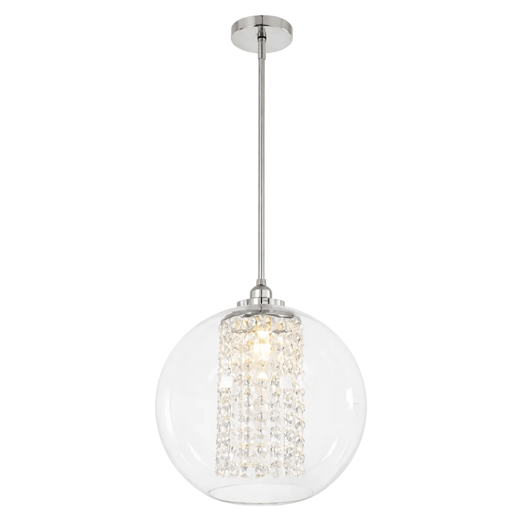 Polished chrome pendant light with a clear acrylic cover and hanging acrylic crystals, suspended from a thin rod.