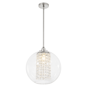 Polished chrome pendant light with a clear acrylic cover and hanging acrylic crystals, suspended from a thin rod.