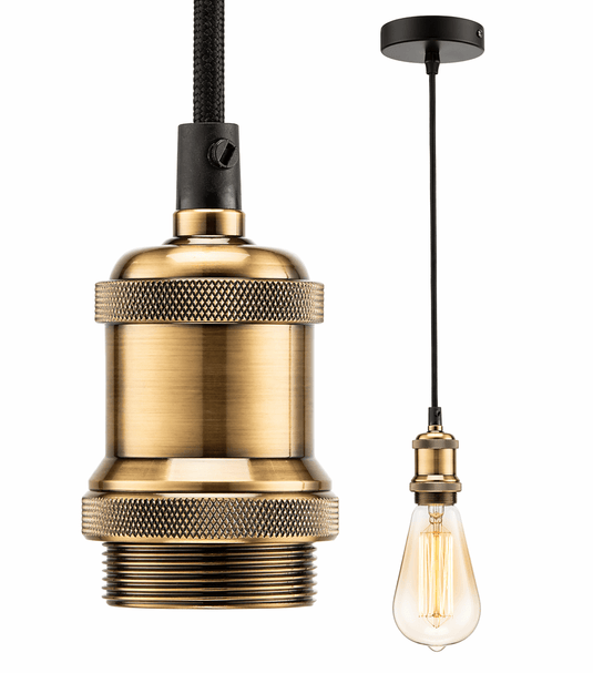 Brass pendant light with a vintage-style bulb on a white background