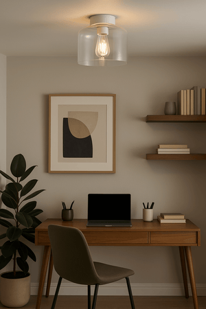 Modern home office with wooden desk, chair, laptop, and decor elements.