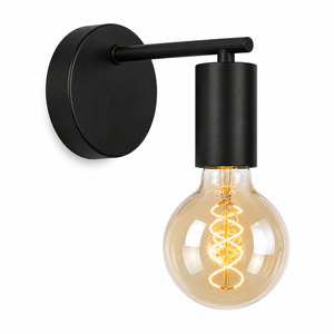 Black wall-mounted light fixture with a lit bulb on a white background