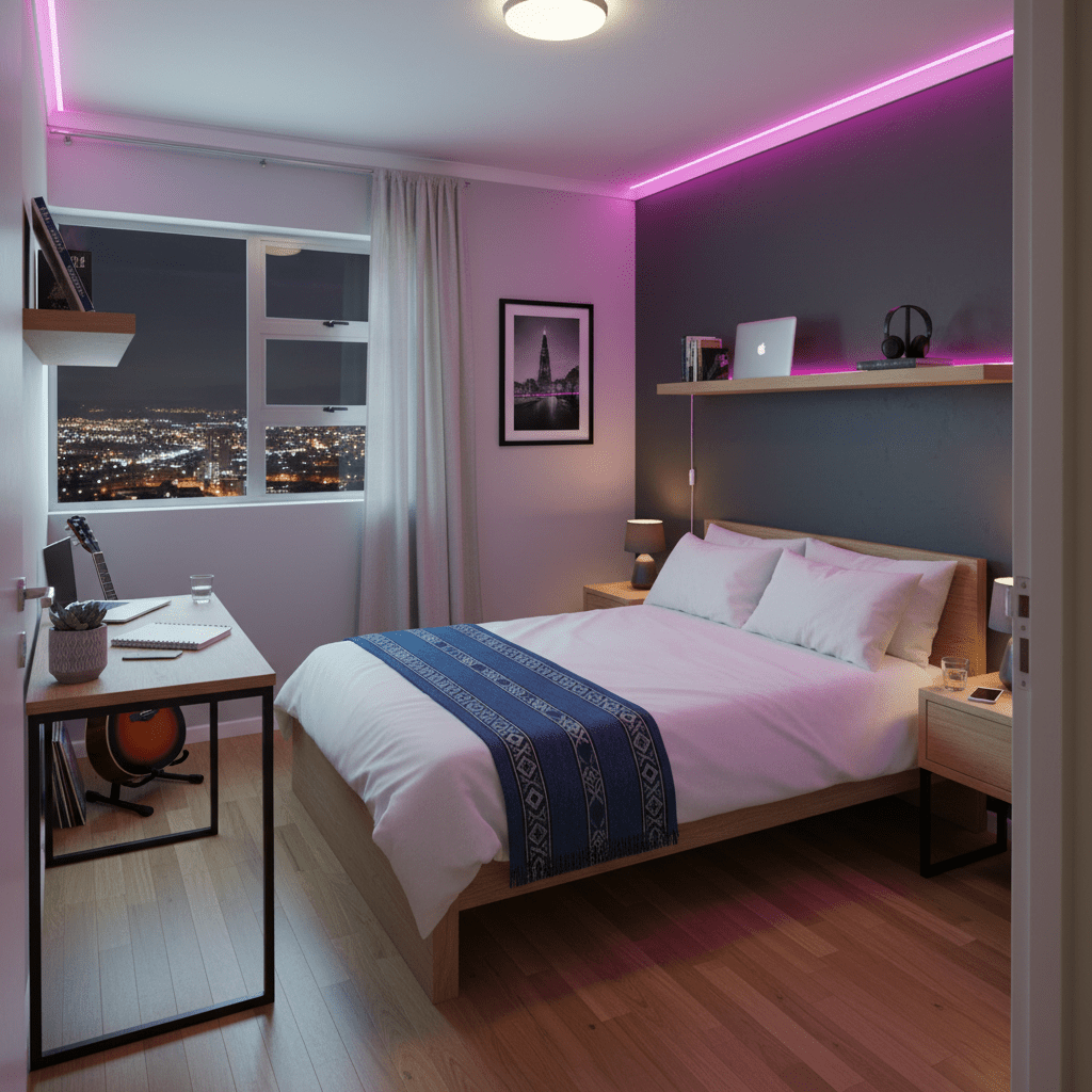 Colour-changing LED strip lights installed along a modern interior feature