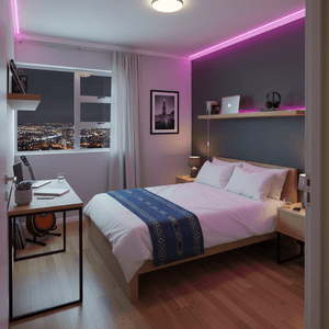 RGB LED strip lighting around a bedroom ceiling