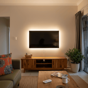 LED strip lighting behind a TV in a living room