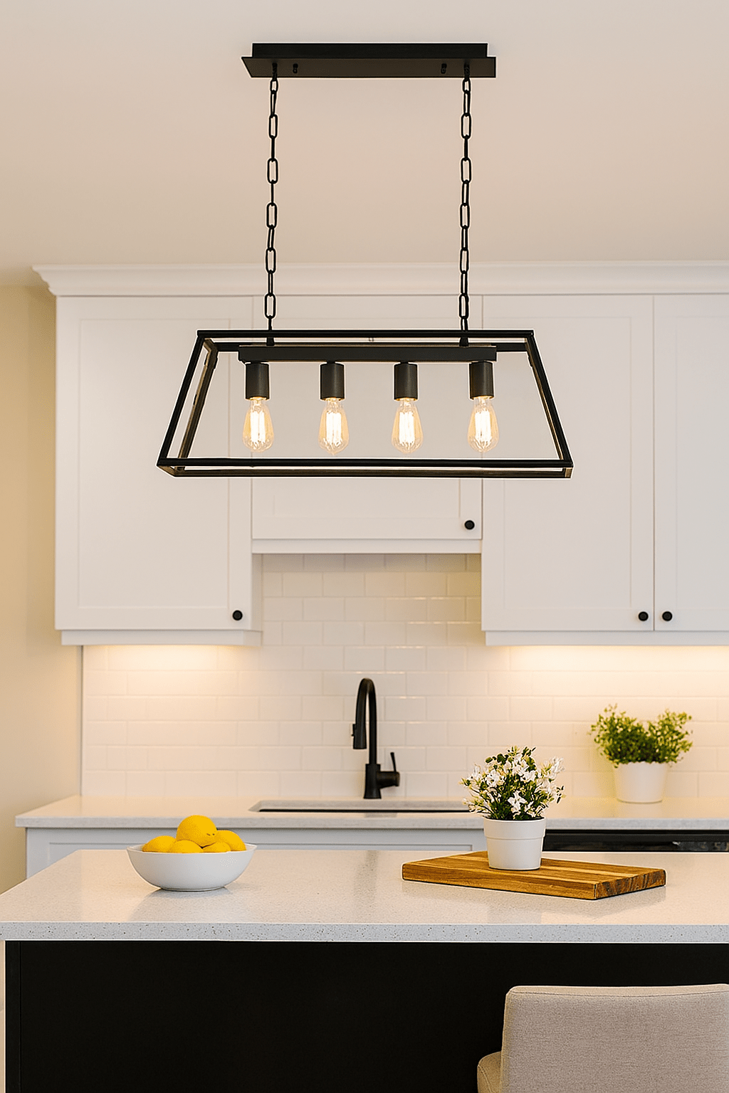 Rustic rectangular lantern pendant light with four bulbs hanging over a kitchen island, surrounded by decor.