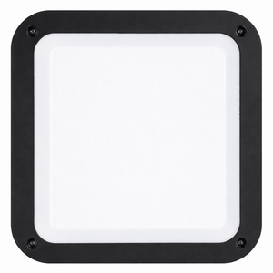 Grey outdoor bulkhead light with a square design and opal polycarbonate lens, featuring a durable ABS plastic frame.