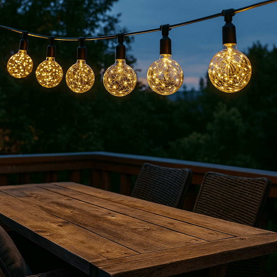 Garden string lights above an outdoor entertaining space