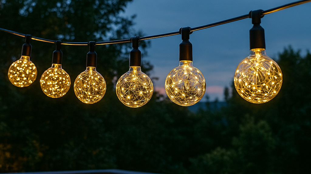 String lights with glowing bulbs hanging above a wooden table on a deck at night.