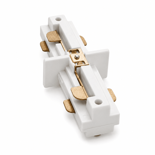 3-wire straight connector for track lighting in white, featuring gold contact points.