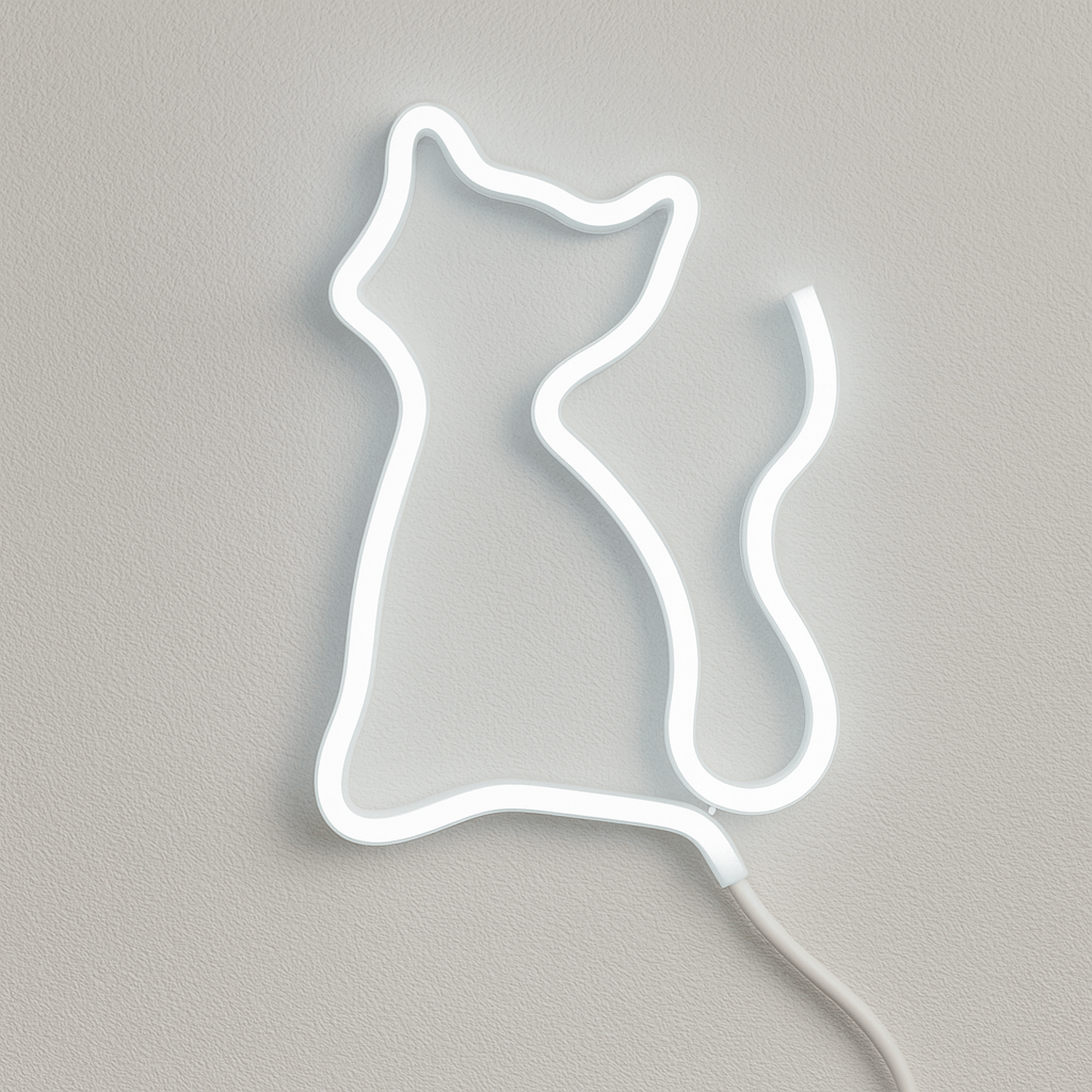 Cool White LED Neon Strip shaped like a cat against a textured wall, showcasing flexibility and design.