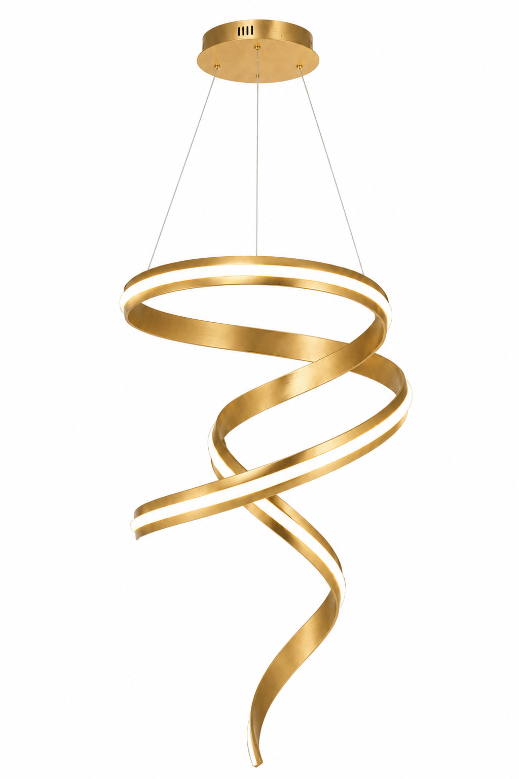 Gold spiral pendant light on a white background