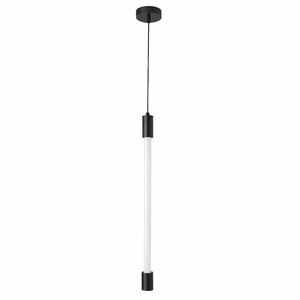 Black pendant light with white cylindrical shade on a white background
