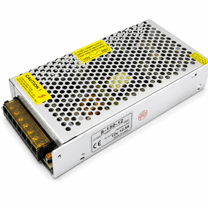 LED Power Supply with perforated metal casing, showing input/output labels and wiring terminals.