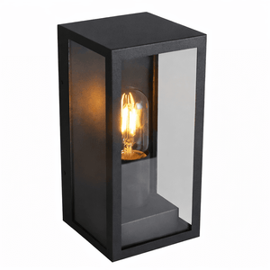 Black outdoor wall light fixture with a visible bulb on a white background
